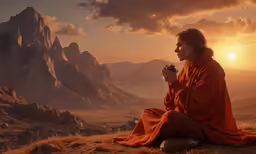 a monk sitting on a hill in the mountains and holding something in his hand