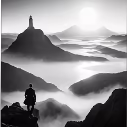 a man looking at the distant horizon with a lighthouse in the distance