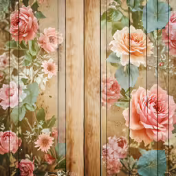 two wooden boards with pink roses on them,closeup of wooden paneling with floral print