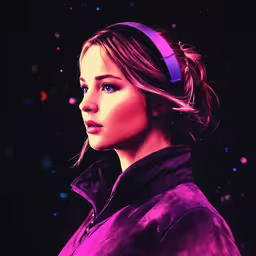 the character has long hair and blue eyes,a young lady with purple hair wearing a headband
