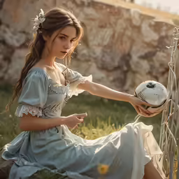 young woman dressed in an early 20th century dress sitting on the grass with a soccer ball