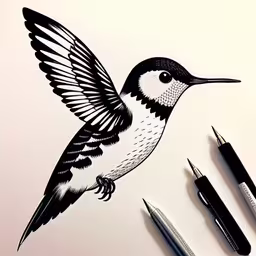 a drawing of a hummingbird and pens on a table,a bird that is on a white paper with two pen