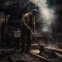 a man in a factory holding a shovel next to a train engine