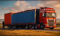 a big truck carrying blue containers driving down a country road,a semi truck is traveling down the highway
