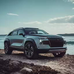 a silver suv is parked on the beach