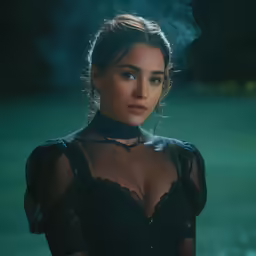 a woman in a sheer shirt with a black choker