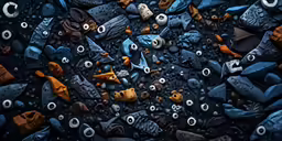 several orange, black and white rocks covered with water droplets