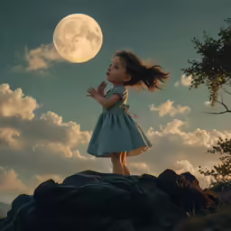 a little girl looking up at the sky while standing on top of a rock