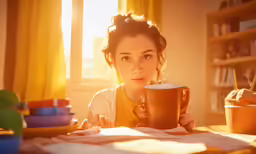 a young girl is sitting at the table holding a coffee cup