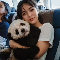 there is a woman that is holding a dog