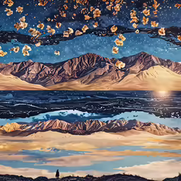 a picture with a tree and some mountains