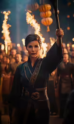 game of thrones character is holding up a staff and surrounded by other characters