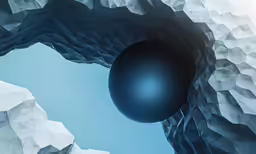 an abstract graphic of a mountain cave with blue sky