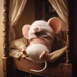 a baby rat sitting on top of a bed