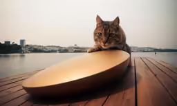 a cat is sitting next to a table with a paddle