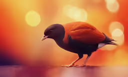 a black bird sitting on top of a counter next to an orange and black wall