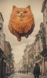 an orange cat is flying high above a street