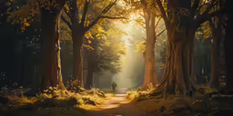 a man walks down a dirt path through a forest filled with tall trees