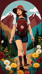 a woman is walking down the road in flowers,the illustration depicts a woman walking in a mountain landscape