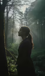 a woman standing next to a tree and some leaves