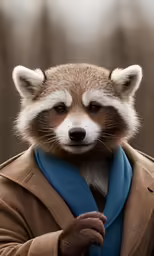 a raccoon dressed in a coat with blue scarf
