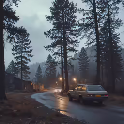 cars driving down a tree lined street at night