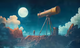 man sitting on top of a rocky cliff in the distance looking at a telescope