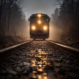 a train on the tracks in the fog with lights on