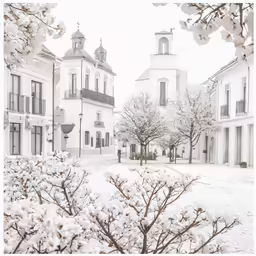a black and white image of a snowy street
