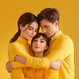 two people in yellow clothing embracing and looking at their arms