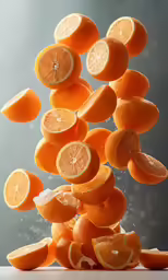 oranges are being lifted and chopped on the table