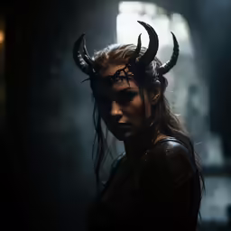 a woman wearing horns and horned headgear