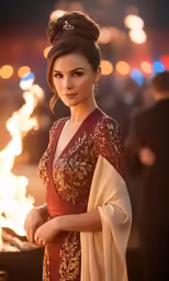 a woman wearing a brown and white dress