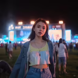 a girl standing in a field near people