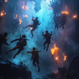 a group of people diving in the air with fire on them