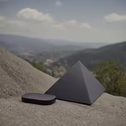 a black object lying on the ground next to some hills