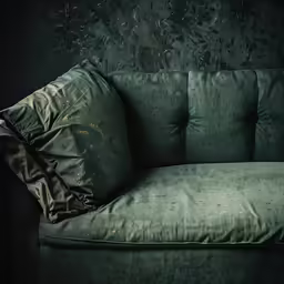 the couch has two pillows on it in front of the wall
