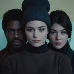 three people, each wearing a bear hat and brown sweater, are leaning on one another
