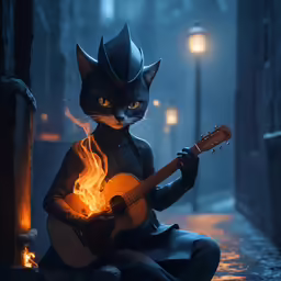 a person that is playing a guitar near fire