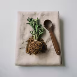a cloth with a spoon, flower and sprout on it