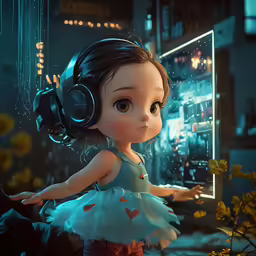 a little girl is wearing headphones while looking into a mirror