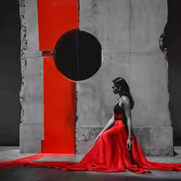 the young woman is sitting alone in the red gown