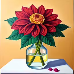 a large flower that is on top of a table,this is a painting of a vase with a flower,a vase of red and yellow flowers in water,a painting of a flower in a vase,the painting of a flower is on a table with a vase