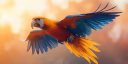 a parrot flying through the air on top of a tree