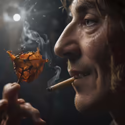 a man with a cigarette smoking a orange leaf