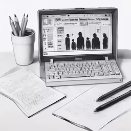 an open laptop and notebook on a table