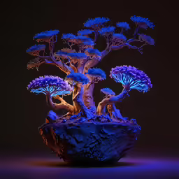 blue trees in the middle of purple light