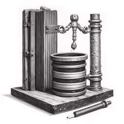 black and white pencil drawing of machine, containers, ink