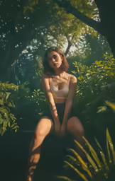 a woman in a bra top sitting on a bench