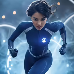 a woman with a futuristic costume is in a tunnel